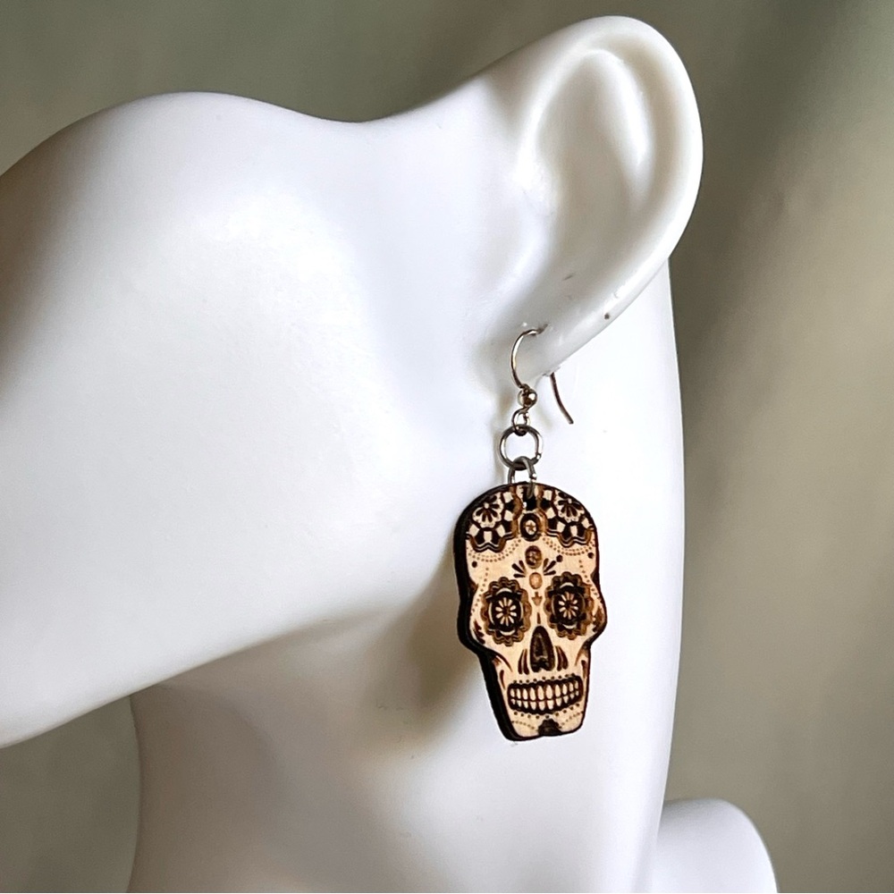 Sugar Skull Laser Burned Bamboo Earrings